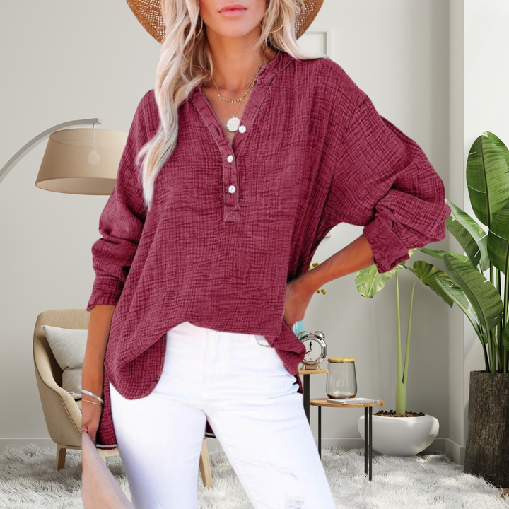 Brylin | Casual Button V-Neck Long Sleeve Oversized Blouse