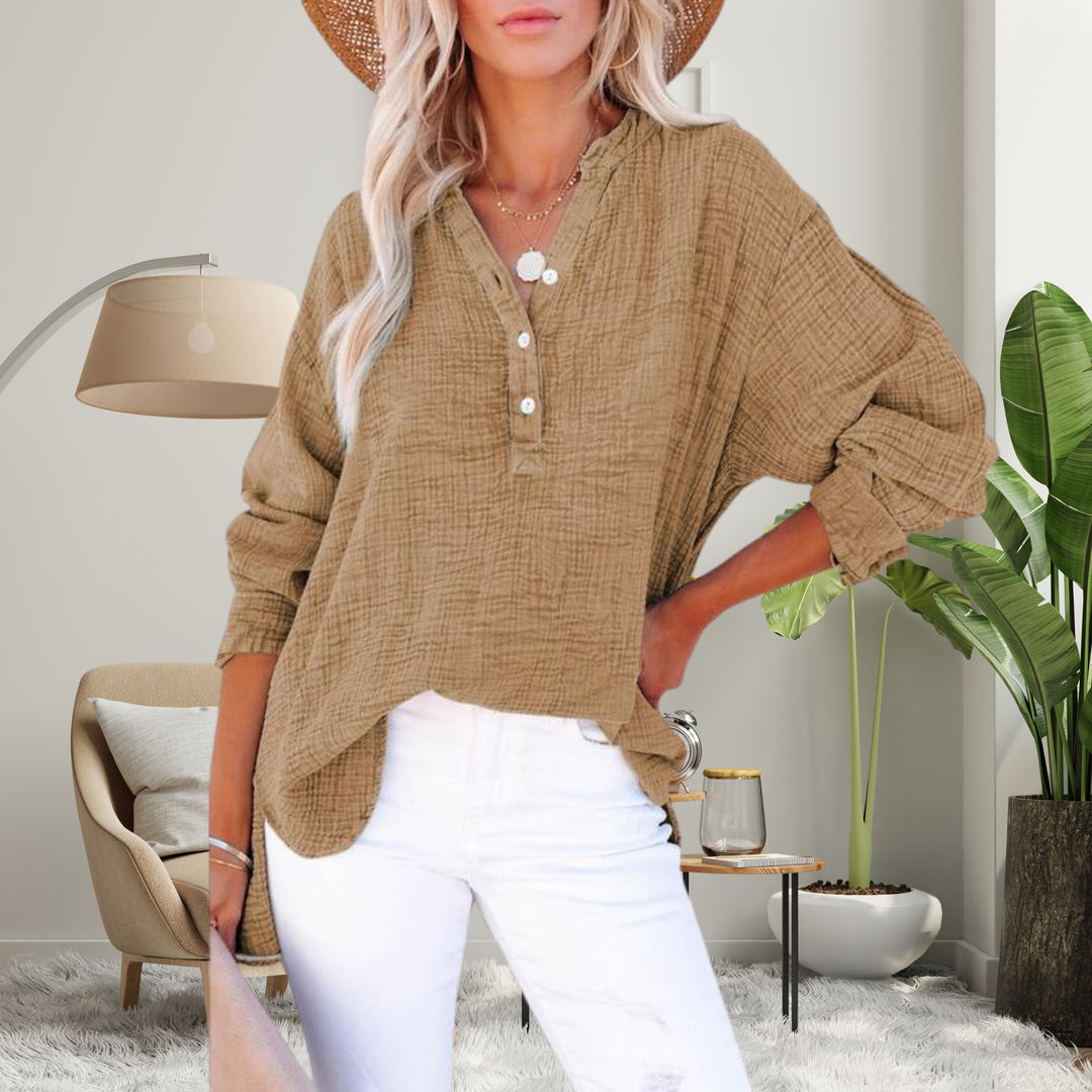 Brylin | Casual Button V-Neck Long Sleeve Oversized Blouse