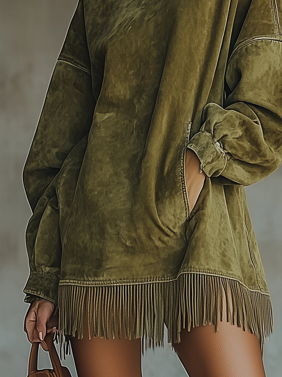 Lavinia | Faux Suede Turtleneck Dress With Fringe Hem