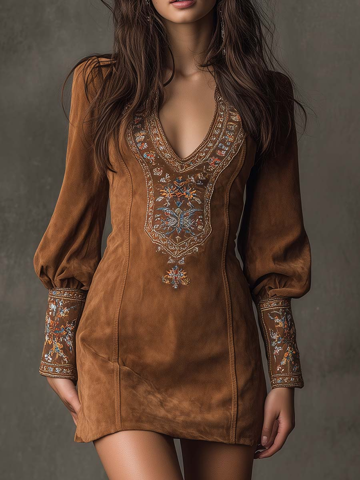 Izolda | Vintage Brown V-Neck Suede Embroidered Mini Dress