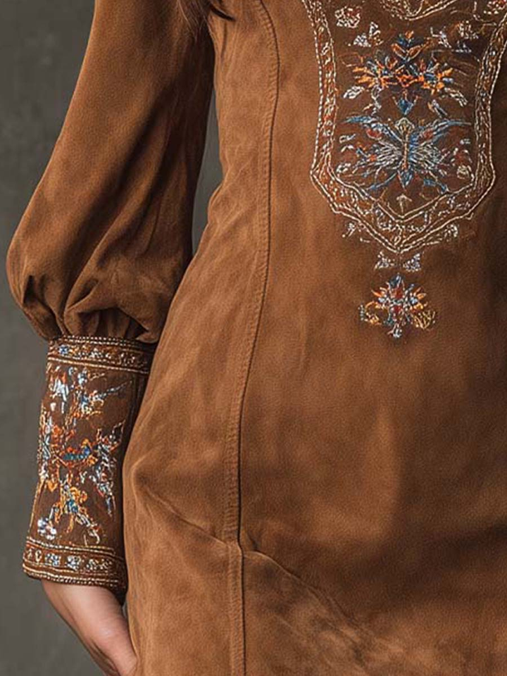Izolda | Vintage Brown V-Neck Suede Embroidered Mini Dress