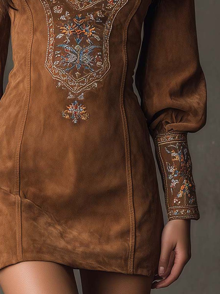 Izolda | Vintage Brown V-Neck Suede Embroidered Mini Dress
