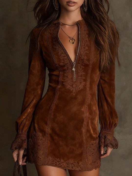 Eudora | Vintage Blue Suede Lace Trim Mini Dress